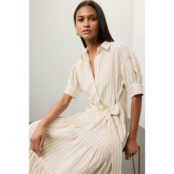 MARISSA WEBB x RTR Off White Collared Neck Tie Waist Linen Short Sleeve Dress 10 - Picture 3 of 16